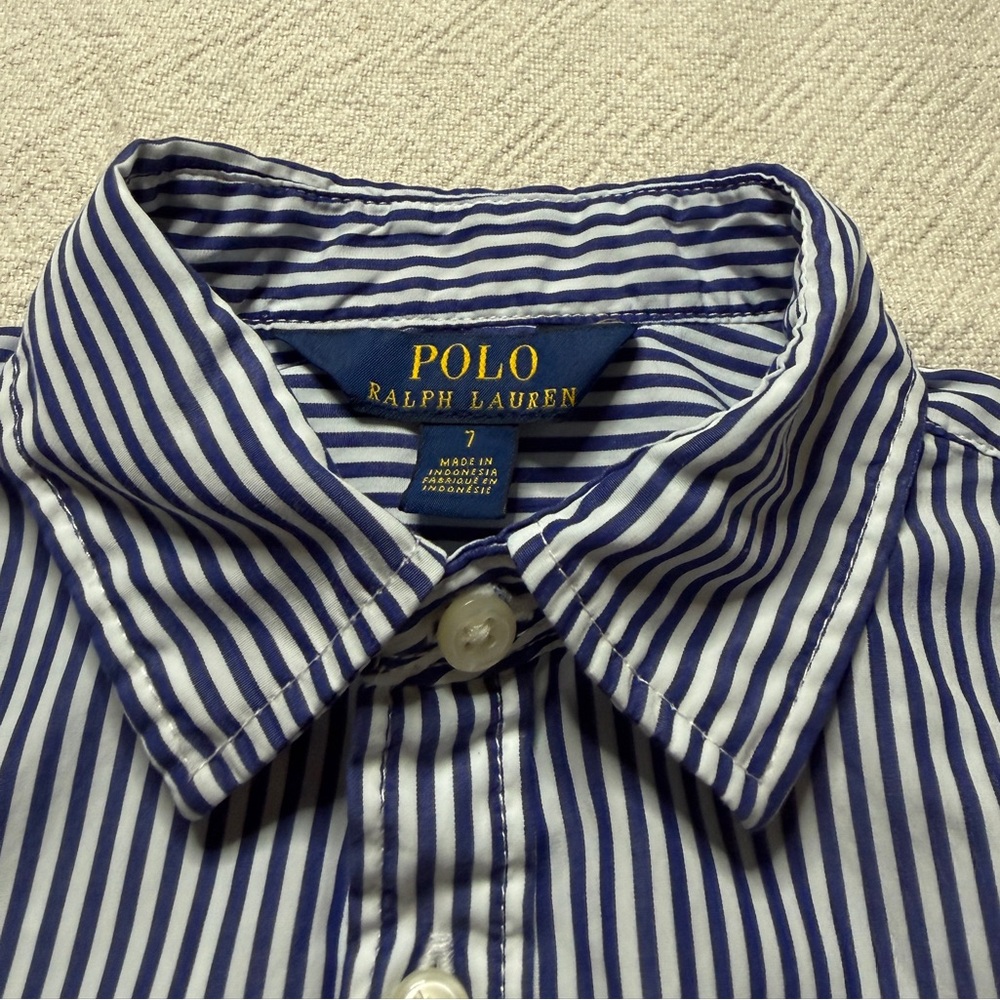 Ralph Lauren Polo Girls White Blue Striped Poplin Cotton Shirt Dress 7 Preppy - Picture 6 of 9